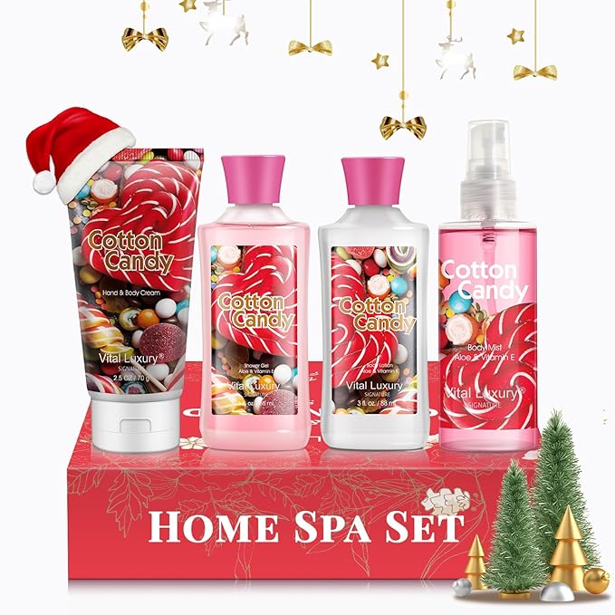 Cotton Candy Bath & Body Kit,3 Fl Oz-4PCS, Home Spa Set Including Body Lotion, Shower Gel, Body Cream, and Fragrance Mist-Ideal Skincare Gift