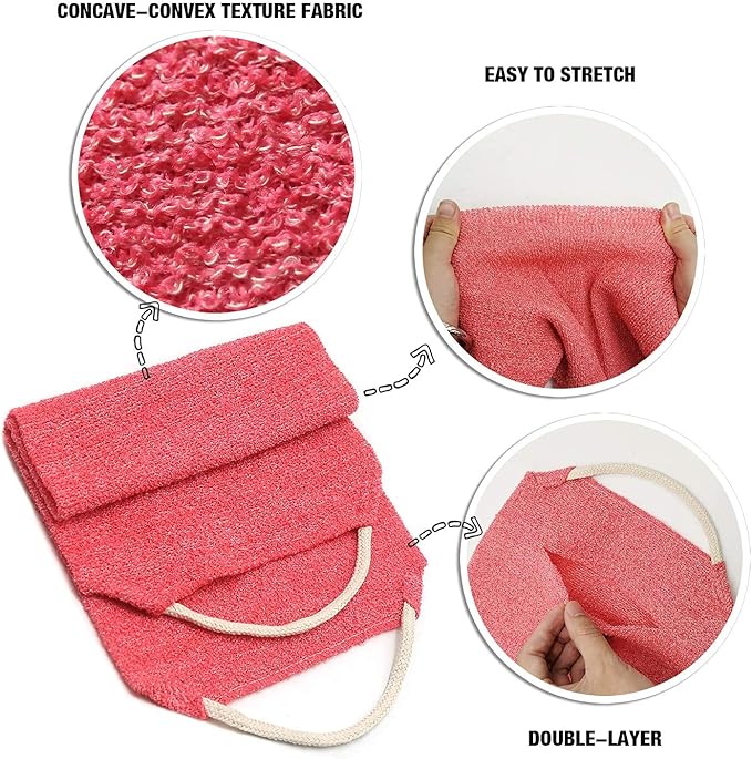 Evridwear Exfoliating Back Scrubber with Handles Two Sides for Body Shower Deep Cleans Skin Massages Invigorating Blood Circulation Men Women One Size (2 Pack Pink)