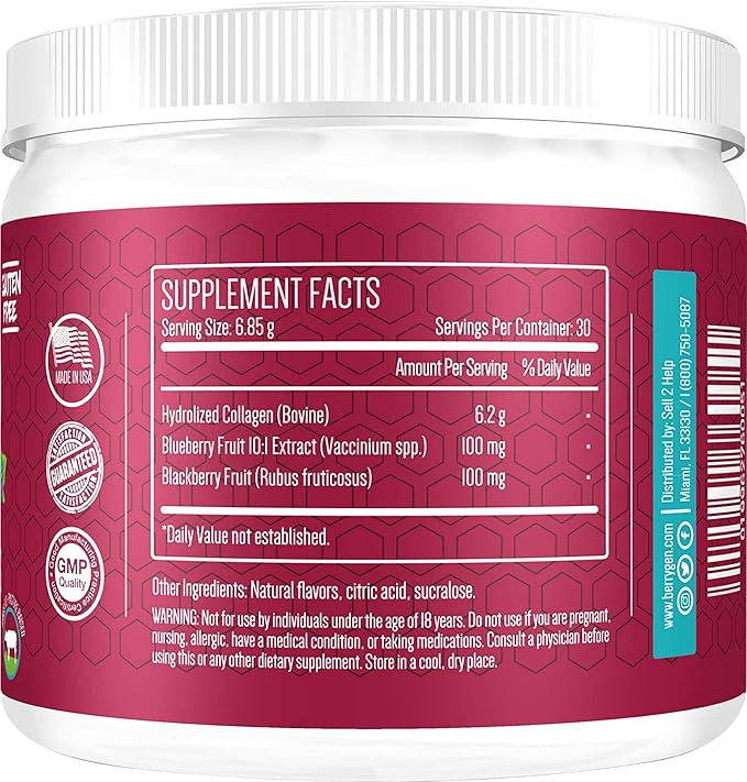 Collagen Powder with Antioxidants from BlackBerry and Blueberry Extracts - 30 Servings - Natural Dual Action Formula - Supports Joints, Hair, Skin, and Nails - Made in The USA