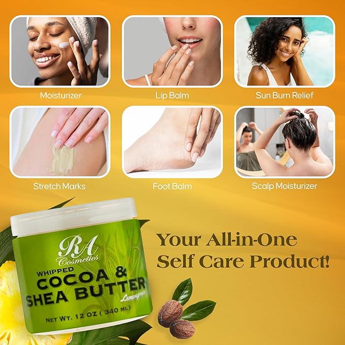 RA COSMETICS Whipped Cocoa & Shea Butter, Lemongrass - 12oz | 100% Pure & Natural Skin Moisturizer with Coconut Oil | Vitamin-Rich Body Butter for Soft, Supple, and Radiant Skin & Healthy Hairs
