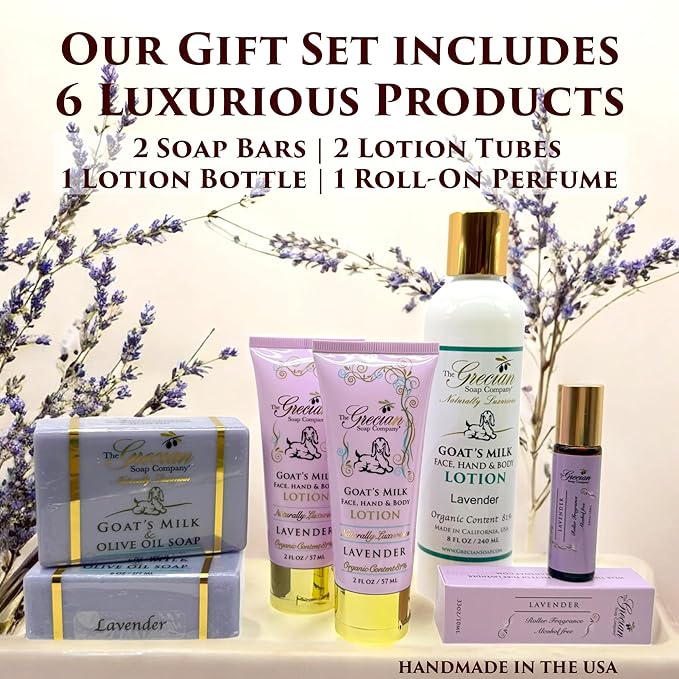 Self Care Gifts for Women, 6pcs Goat Milk & Olive Oil Skin Care Set, Relaxing Gift Basket, Bridal Shower Gifts, Birthday Gifts, Gifts for Mom, Lavender Scent, Handmade in USA