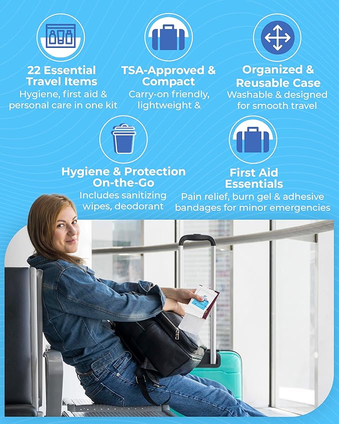 Travel Kit – Complete Airplane Travel Essentials Set for Men, Women, & Kids with Washable Case – 22-Piece TSA-Friendly Essentials for Flying