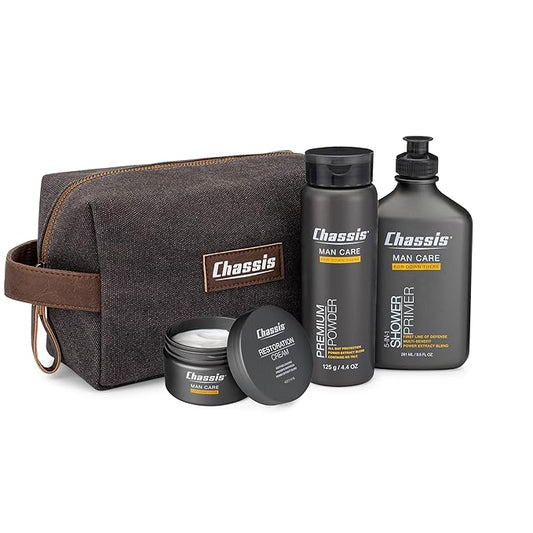 Chassis Gift Set with Flushable Foam, Premium Body Powder, and Shower Primer, Body Powder, Body Wash, and Flushable Wipe Alternative