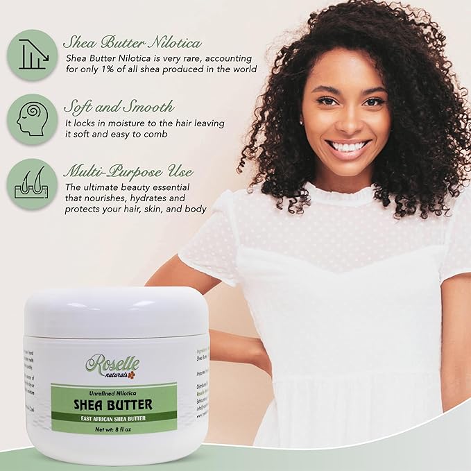 Roselle Naturals African Shea Butter - All Natural Nilotica Shea Butter Raw Organic, Unrefined Pure and Creamy White Shea Nilotica for Skin, Face, Hair and Body, 8 oz