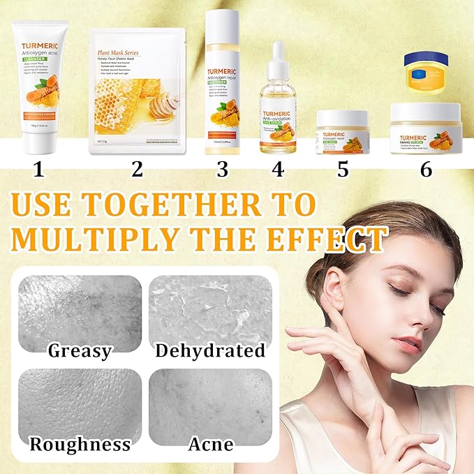 9 Pcs Turmeric Skin Care Set with Facial Cleanser,Toner,Face Serum,Face Cream,Eye Cream,Moisturizing Lip Balm,Hydrating Face Sheet Masks Skin Care Kit for Women and Men