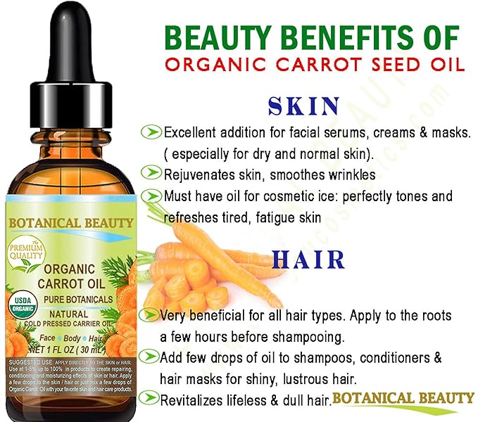 Botanical Beauty Organic CARROT SEED OIL 100% Pure VIRGIN UNREFINED Undiluted Cold Pressed Carrier Oil 2 Fl.oz.‐ 60 ml. for Face, Skin, Body, Hair, Lip, Nails. Rich in Beta Carotene, Vitamin E