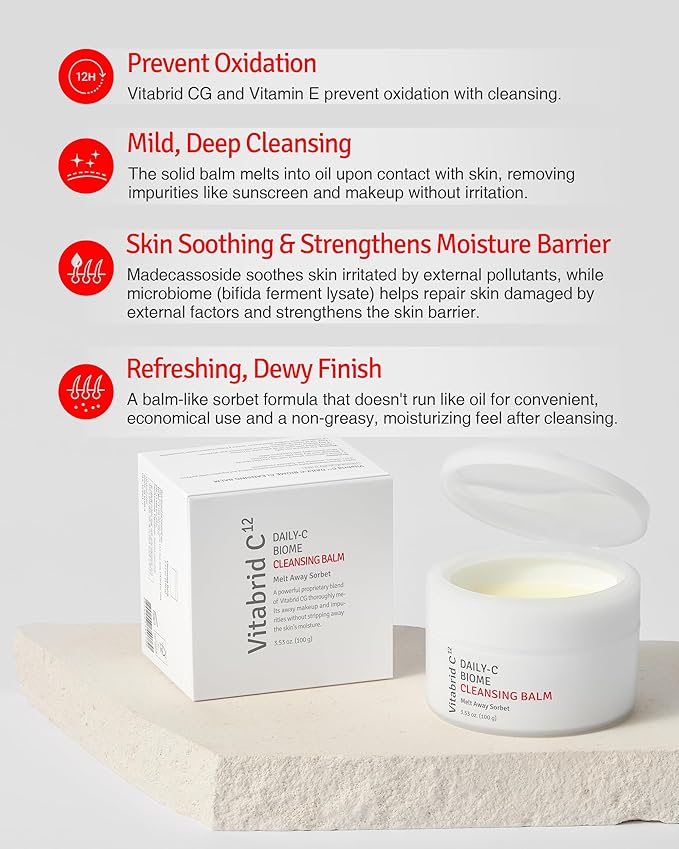 Daily-C Biome Cleansing Balm - Balm to Oil Gentle Makeup Cleanser - Hydrating & Exfoliating Antioxidant Face Cleanser with Vitamin C, Cica, Microbiome - Vibrant and Radiant Complextion, 3.53oz.