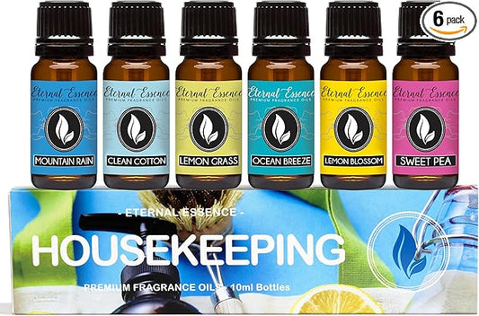 Eternal Essence Oils Housekeeping Set of 6 Premium Fragrance Oils - Includes Clean Cotton, Lemon Blossom, Lemon Grass, Sweet Pea, Ocean Breeze and Mountain Rain Scented Oils - 10ML