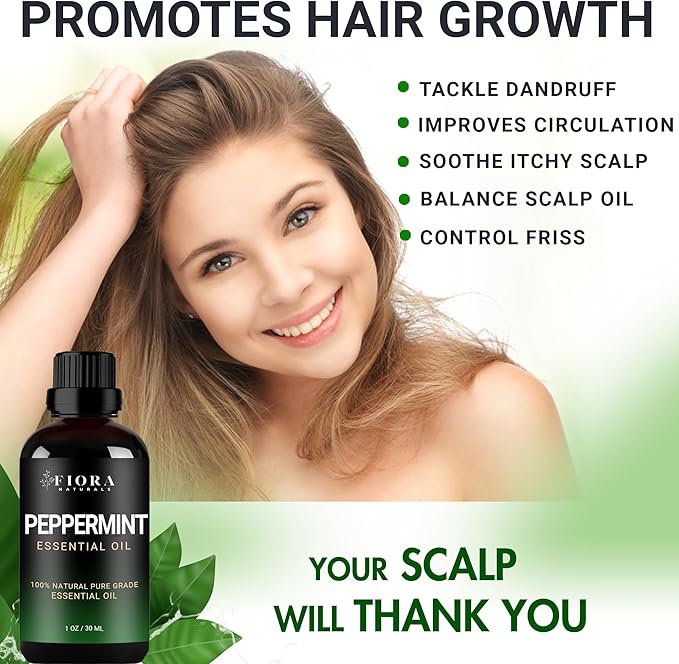 Peppermint Essential Oil by Fiora Naturals - 100% Pure Peppermint Oil for Hair Growth, Skin and Scalp Acne, Diffuser, DIY soap, and Candle Making. Pure Mentha Piperita Oil - 1 oz /30ml