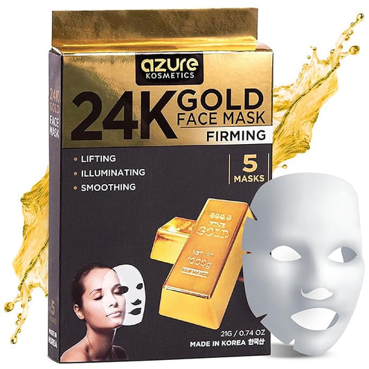 Azure Cosmetics 24K Gold Firming Face Mask- Anti Aging, Hydrating, Toning & Firming Facial Mask - Helps Reduce Wrinkles & Fine Lines - With Hyaluronic Acid & Collagen - Made in Korea - Pack of 5