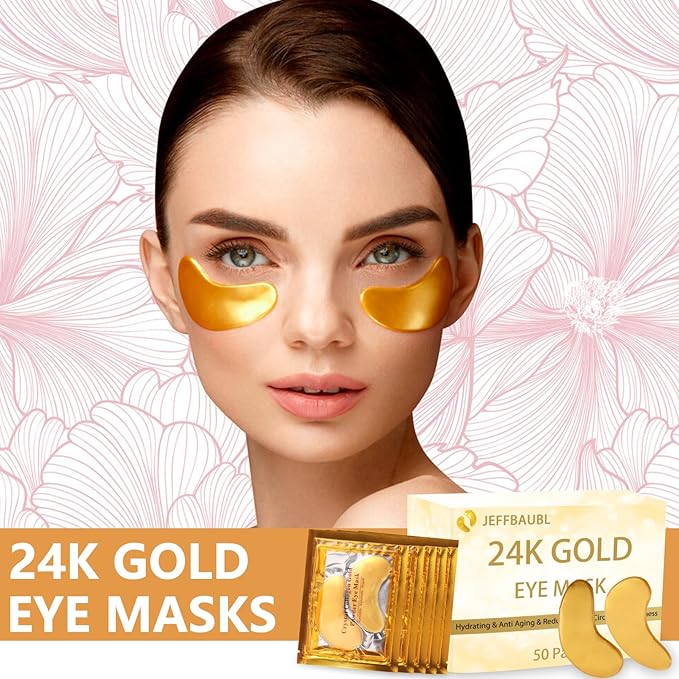 Jeffbaubl 50 Pairs 24K Gold Eye Mask,Under Eye Patches for Dark Circles and Puffiness,Eye Patches Gel Crystal Collagen Eye Mask,Anti Aging Eye Pads Used for Eye Bags Women and Men