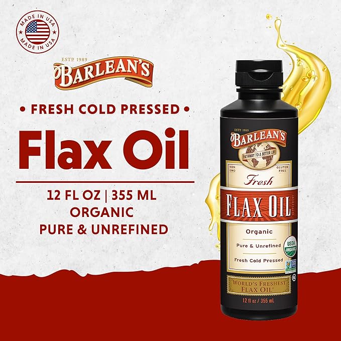 Barlean's Organic Flaxseed Oil Liquid, Cold Press Flax Seeds, 7,640mg ALA Omega 3 Fatty Acid Supplement for Healthy Hair, Skin, and Eyes, Vegan & Gluten Free, 12 oz