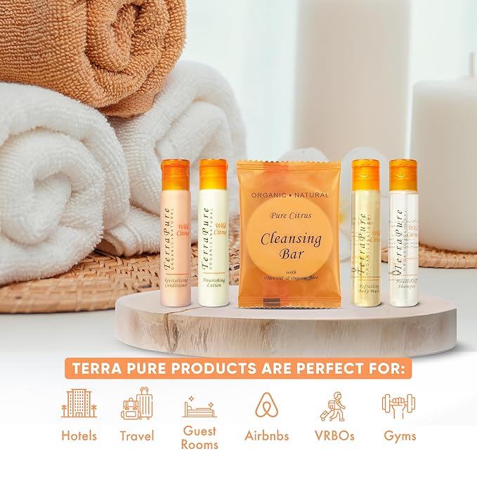 Terra Pure Wild Citrus Toiletries Set | 1-Shoppe Amenities Kit | 1oz Shampoo, Conditioner, Body Wash, Lotion, 1oz Bar Soap | 75 Pieces