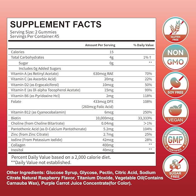 Hair Skin and Nails Gummies, 10000mcg Biotin Collagen Gummies for Women & Men, Vitamin Supplements Supports Faster Hair Growth, Stronger Nails, Healthy Skin, Strength Bone, 90 Gummies