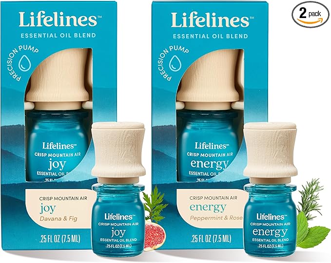 Lifelines Essential Oil Blends, 2-Pack - Blended Essential Oils with Mess-Free Precision Pump for Aromatherapy Diffusers - Long-Lasting Scented Fragrance - Crisp Mountain Air (Joy & Energy)