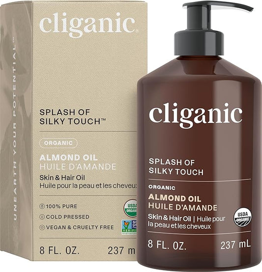 Cliganic Organic Sweet Almond Oil, 100% Pure (8oz) - for Skin & Hair, Nourishing Carrier Oil for Face & Body (Packaging May Vary)