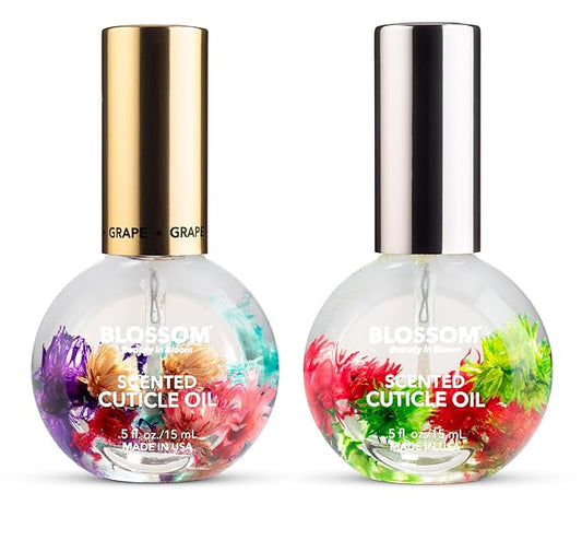 Blossom Hydrating, Moisturizing, Strengthening, Scented Cuticle Oil, Infused with Real Flowers, Made in USA, 2 Pack Bundle, Grape + Watermelon