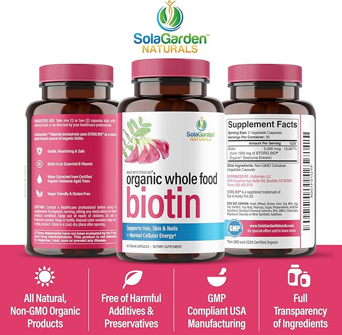 Whole Food Biotin Supplement - Contains Certified Organic Plant Based Biotin from Sesbania Agati Trees - by SolaGarden Naturals. May Support Hair, Skin and Nails. 60 Non GMO Veggie Capsules.