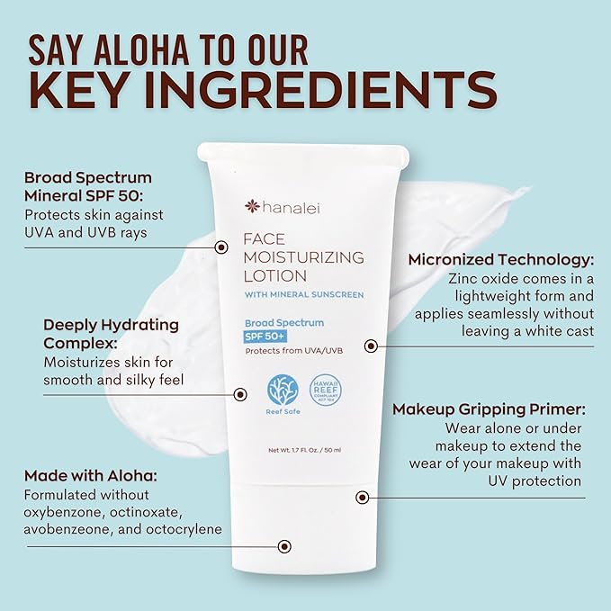 Hanalei Kukui Body Lotion 200ml and Face Moisturizer with SPF 50 Mineral Sunscreen 1.7 Oz - Cruelty Free (2-Pack Bundle)