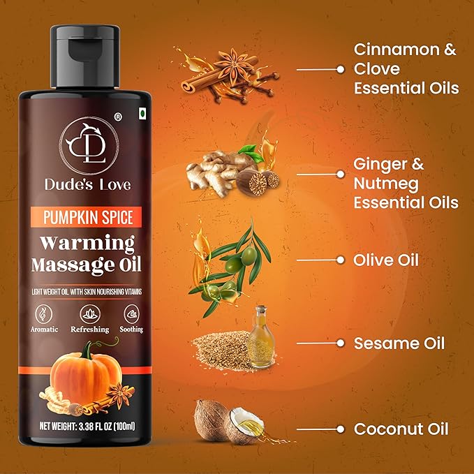 Dude's Love Organic Pumpkin Spice Flavored Warming Massage Oil - Smooth Glide, Non-Greasy | Nourish & Moisturize Skin | Aromatherapy Vegan - 3.38 Fl Oz