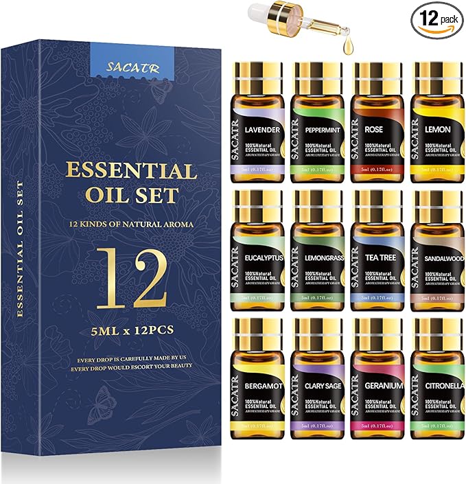 Essential Oils by SACATR Natural Essential Oil Set -12 Essential Oils Gift Set for Diffuser, Massage, Fragrance Oil Scent for DIY Candle and Soap Making (12 * 5ML)