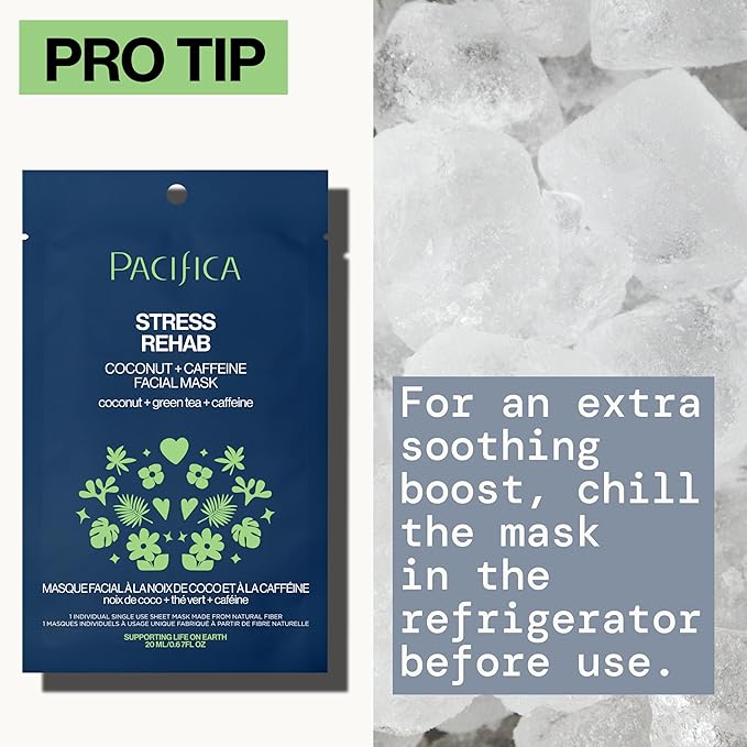 Pacifica Sheet Mask - Stress Rehab Coconut & Caffeine Facial Mask - 12-PACK De-Stress Sheet Mask for Redness & Puffiness Relief, Infused w/Green Tea, Turmeric & Hyaluronic Acid Cruelty-Free Skincare