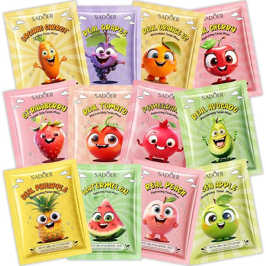 12 PCS Fruit Face Masks Skincare for Kids, Spa Party Facial Mask Set, Moisturize Sheet Masks Skin Care, Christmas Birthday Gifts for Women Girls, Hydrate and Soothe for All Skin Types (12Pcs-Set01)