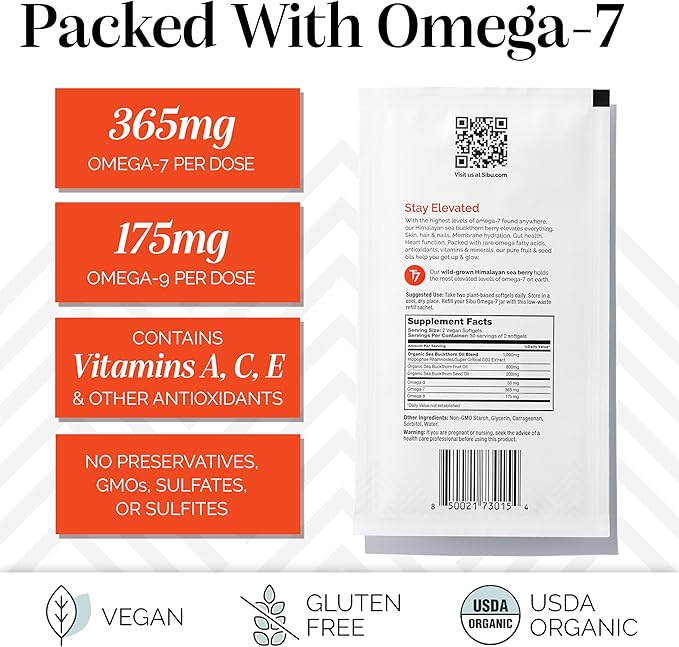 sibu Omega-7 Softgels, Premium Organic Himalayan Sea Buckthorn Oil (120ct, 60 Day Supply) – Supplement for Healthy Skin, Hair, Nails and Dryness