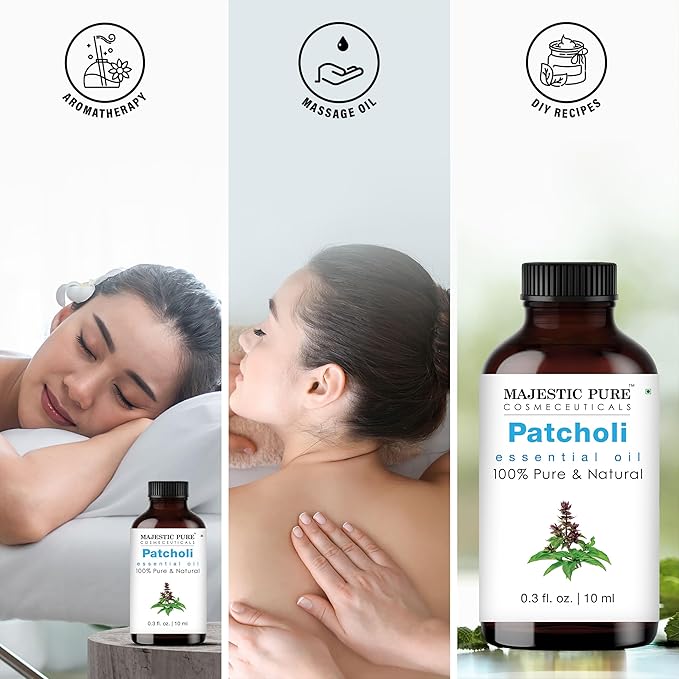 Majestic Pure Organic Patchouli Essential Oil - 100% Pure Patchouli Oil for Aromatherapy, Massage & Topical Uses, Perfect for Diffuser & Essential Oil Diffuser - 0.3 Fl Oz 10 ml.