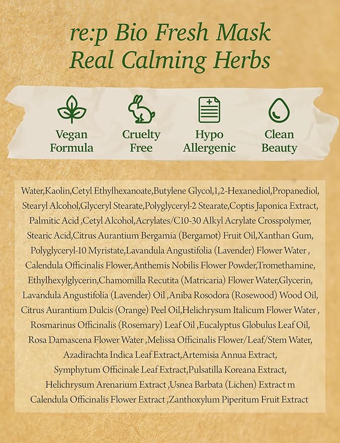 RE:P BIO FRESH MASK with REAL calming HERBS 4.58 Fl Oz (130g) - 100% Vegan, Cruelty-free - Natural calming peel off mask with Real Calendula + Real Chamomile – Korean Skin Care