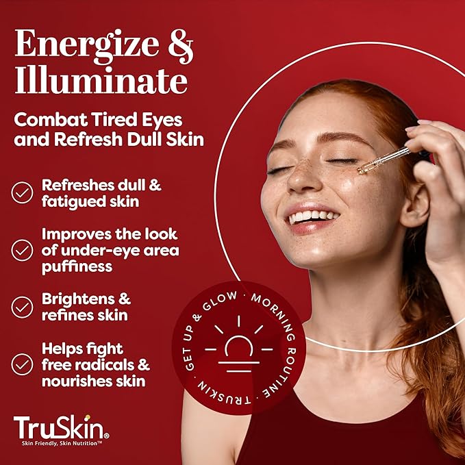 TruSkin Caffeine Face & Eye Serum – Energizing 5% Caffeine Serum with EGCG Niacinamide Matcha and Ginseng – Improve Look of Under Eye Dark Circles and Puffiness, 1 fl oz