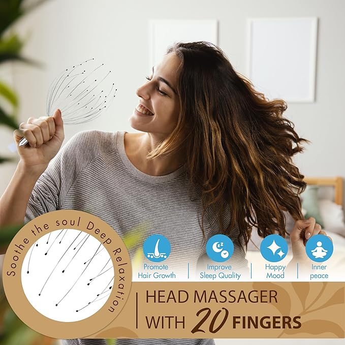Head Massager 20 Fingers Scalp Massager Head Scratcher, Back Massage Back Scratcher, Stocking Stuffers for Scalp and Body Massage (Silvery)