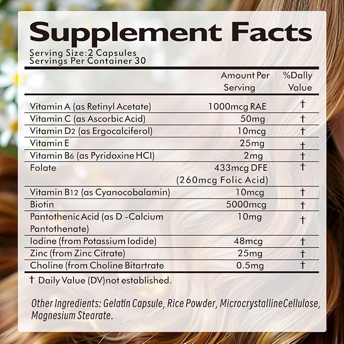 Biotin for Hair Growth Women Men - Third-Party Tested Biotin Supplement 5000 mcg, with Vitamin C E B12 B6 A Support Strong Nails Skincare Hair Health - USA Made - 120 Capsules / 2 Packs