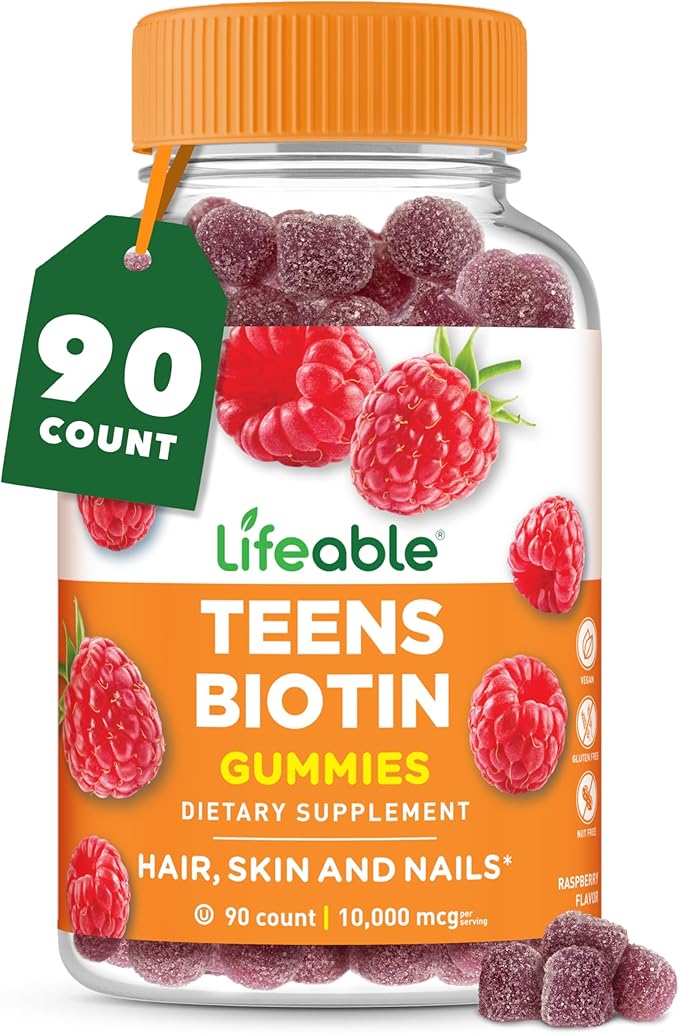 Lifeable Teens Biotin 10000mcg Gummies | Vitamin B7 | Vegan Biotin Supplement | Great Tasting Biotin Gummies for Hair Growth, Healthy Skin and Nails | Biotin Vitamins for Teens | 90 Gummies