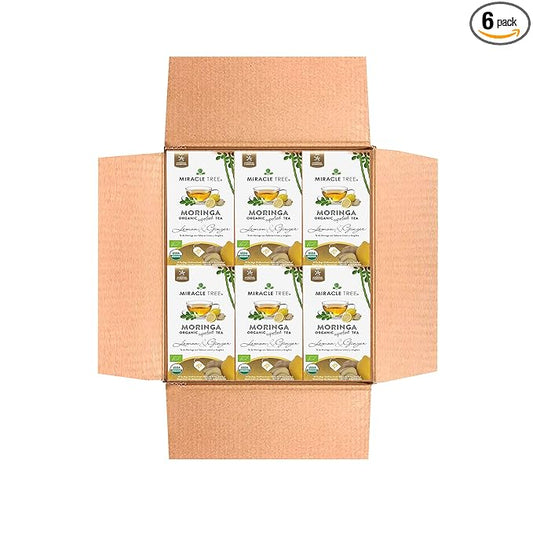 Miracle Tree - 6 Count of Organic Moringa Superfood Tea, 25 Individually Sealed Tea Bags, Lemon & Ginger (Keto, Detox, Energy/Immunity Booster, Vegan, Gluten-Free, Organic, Non-GMO, Caffeine-Free)