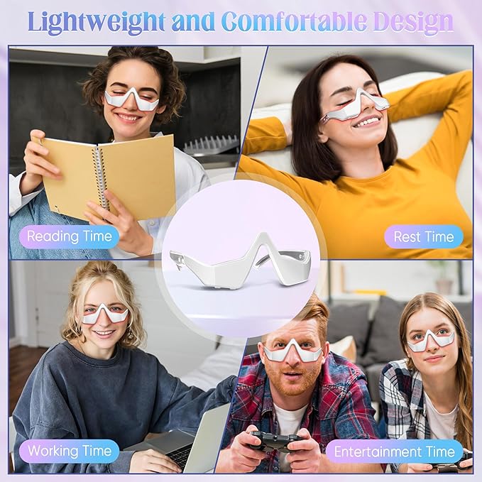Under Eye Light Therapy Glasses, 2 Modes Light Therapy, Beauty Device with Eye Massage for Relieve Eye Fatigue, Eye Bags, Dark Circles (White)