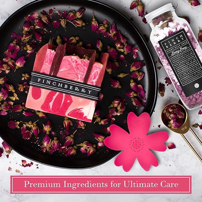 FinchBerry Rosey Posey Gift Set - Ideal Gifts Romantic Occasions, Anniversaries, Birthdays, Women’s Day, Housewarming, or Get Well Soon - Spa Gift Set With Handmade Soap, Fizzy Salt Soak & Soap Dish
