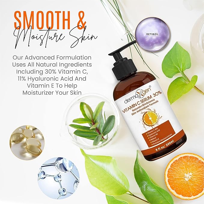 30% Vitamin C Serum (8 Fl Oz) Pure Organic Anti- Wrinkle + Hyaluronic Acid + Retinol + Vitamin E + Vitamin B, Facial Serum For Anti-aging, Wrinkles, And Fine Lines.