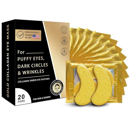 Golden Eye Mask 20 (pair), Collagen Eye Mask with Sodium Hyaluronate for Dark Circles, Bags, Wrinkles and Puffiness Eye Gels, Under Eye Patches for Both Men and Women.