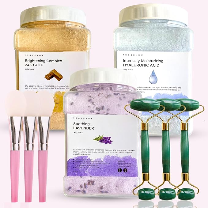 VogueNow Jelly Face Mask for Facials - 24K Gold + Lavender + Hyaluronic Acid (Pack of 3) - Hydrating Brightening & Nourishing - Free Jade Roller & Spatula - Professional Hydrojelly Masks - 69 Oz Jar