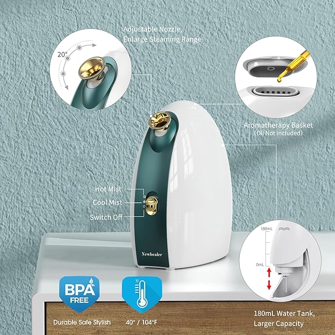 Newbealer Facial Steamer, 3in1 Aromatherapy Face Humidifier, 20 Min Hot & 60 Min Cold Nano Ionic Steam, 180ml Sinuses Moisturizing Cleansing Pores, Bonus 9-Piece Blackhead Remover Kit and Face Brush