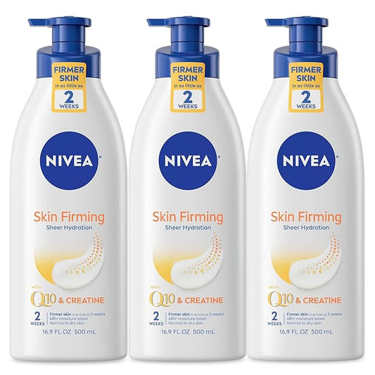 NIVEA Skin Firming Sheer Hydration Body Lotion with Q10 and Creatine, Skin Firming Lotion Pack, 16.9 Fl Oz Pump Bottle, Pack of 3