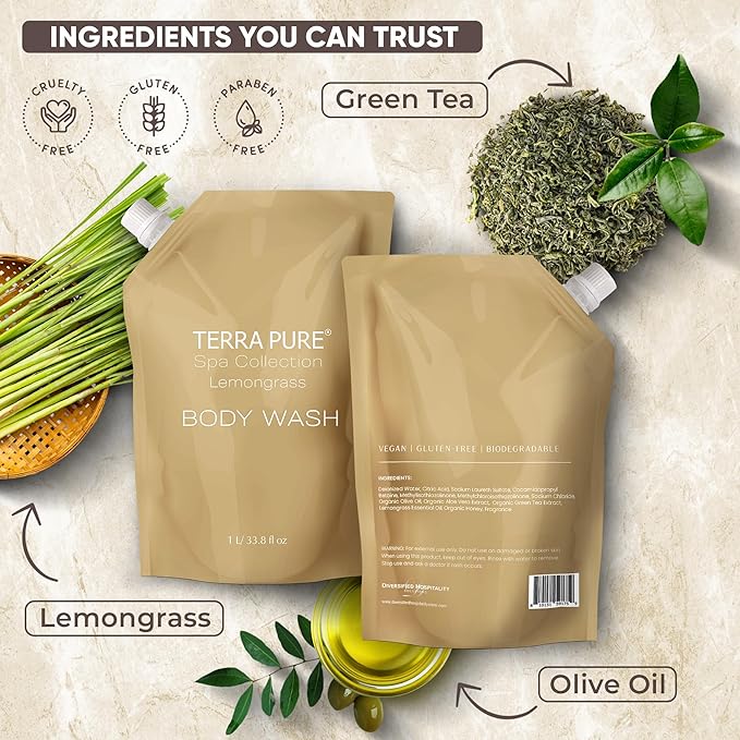 Terra Pure Spa Collection 1 Liter Body Wash Refill Bag For Soap Dispensers | Bulk Toiletries for Vacation Rentals, and Home Bathroom Showers | Green Tea Lemongrass | Single