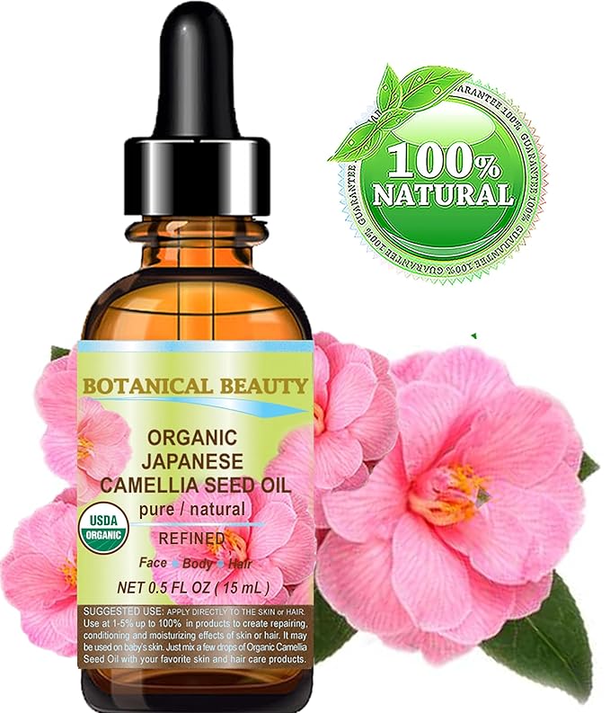 Botanical Beauty Japanese ORGANIC CAMELLIA Seed Oil. 100% Pure Natural Undiluted Refined Cold Pressed Carrier Oil to revitalize and rejuvenate the hair, skin and nails. 0.5 Fl. oz 15 ml