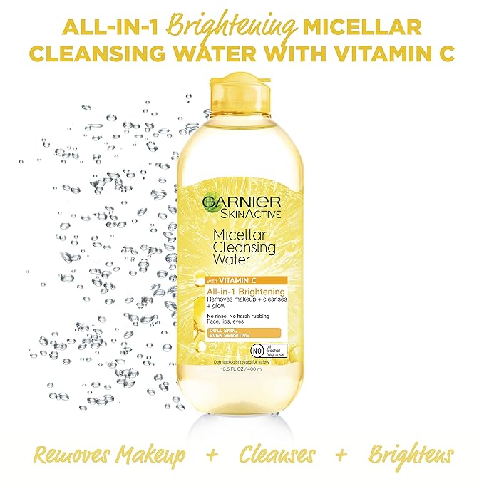 Garnier Micellar Water with Vitamin C, Facial Cleanser & Makeup Remover, Brightening & Hydrating, For All Skin Types, Vegan, Cruelty Free, 13.5 Fl Oz (400mL), 2 Count