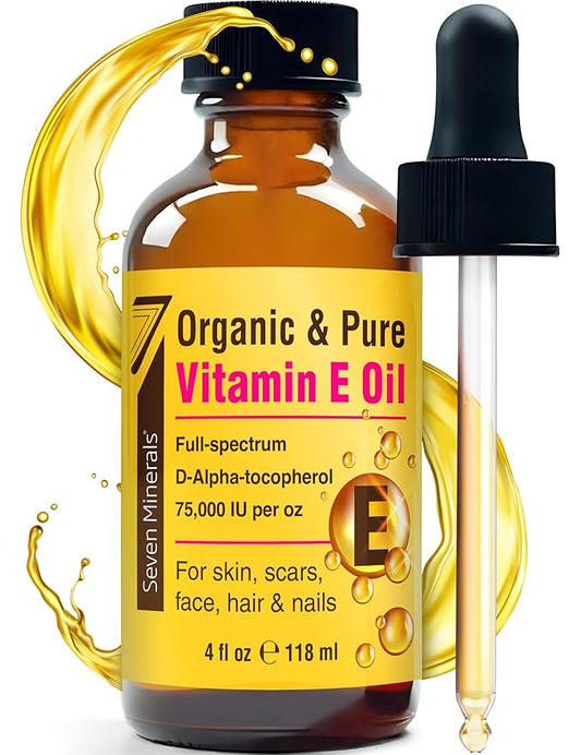 Seven Minerals Ultra Pure Vitamin E Oil - 300,000 IU Full-Spectrum D-Alpha Tocopherol per 4 Oz Bottle - 100% Organic Vitamin E Oil for Skin, Face, Hair, and Scars - Naturally Occurring = Not Synthetic