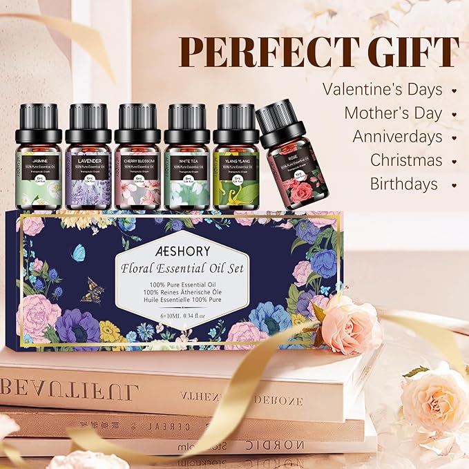 Floral Essential Oils Set - 6x10ML Fragrance Oil for Diffusers, Massage, Aromatherapy, Candle Making - Lavender, Rose, White Tea, Jasmine, Ylang-Ylang, Cherry Blossom Scented Oil