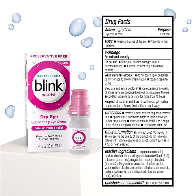 Blink Nourish Eye Drops for Dry Eyes, 0.33 fl oz, Preservative Free Lubricating Eye Drops with Hyaluronan, B12, & Vitamin C, Hydration Boost, Instant Moisture, pH Balanced to Match Healthy Tears