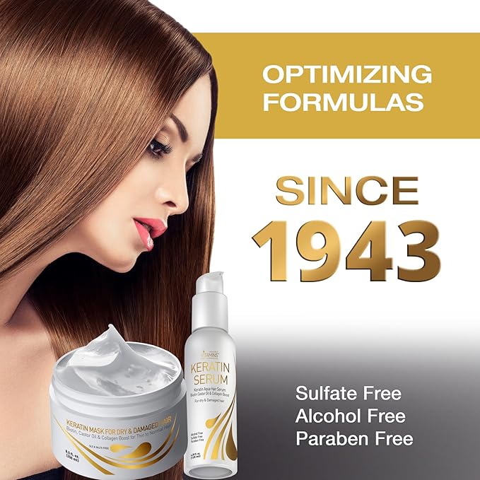 Vitamins Keratin Hair Treatment Kit - Deep Conditioner Mask and Weightless Anti-Frizz Serum for Dry, Damaged, Color-Treated Fine Hair