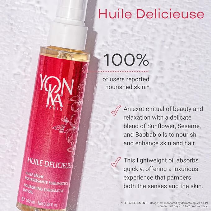Yon-Ka Huile Delicieuse (3.38oz/200ml) Nourishing Dry Body Oil, Moisturize Skin and Body, Lightweight Oil with Baoab and Sesame for Hair, Legs and Body